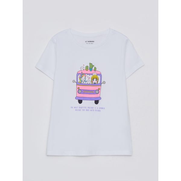 Crew Neck Printed Short Sleeve Cotton Girl T-shirt