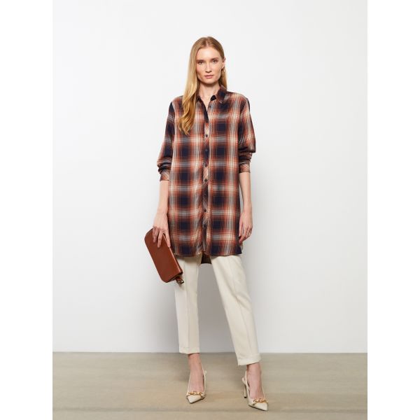 Shirt Neck Plaid Long Sleeve Viscose Women's Tunic