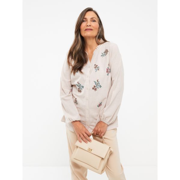 Johnny Collar Embroidered Long Sleeve Women's Shirt