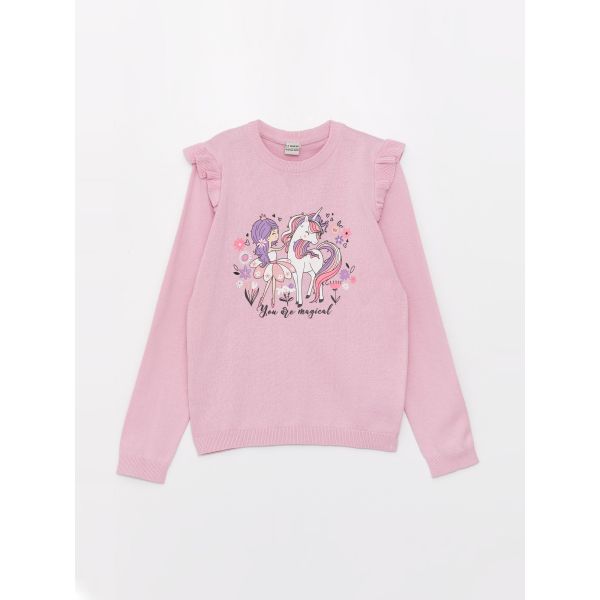 Crew Neck Printed Long Sleeve Girl Tricot Sweater