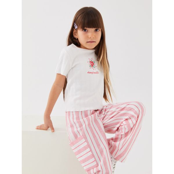 Crew Neck Printed Short Sleeve Girls T-Shirt and Trousers