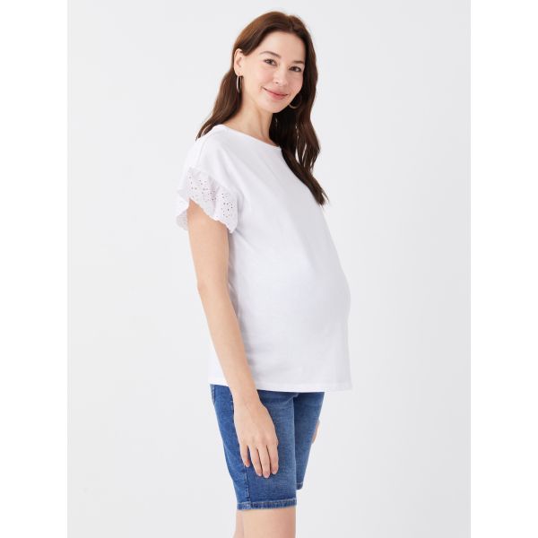 Crew Neck Embroidery Detailed Short Sleeve Maternity Blouse