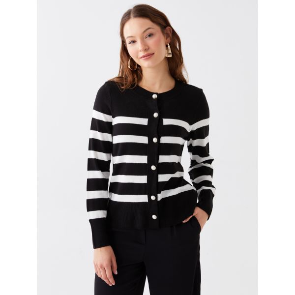 Crew Neck Striped Long Sleeve Women's Tricot Cardigan