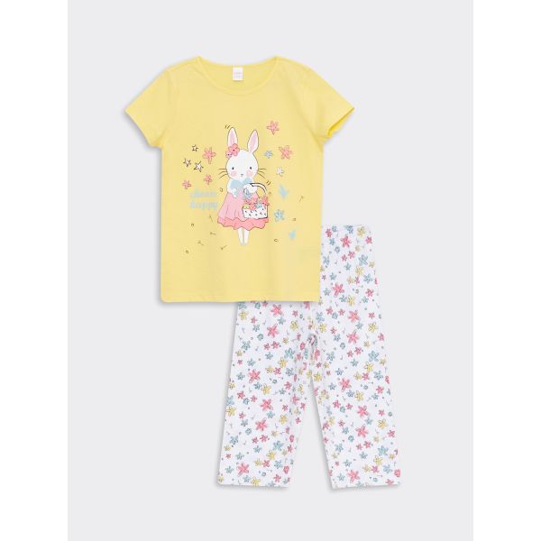 Crew Neck Printed Short Sleeve Girl Pajama Set