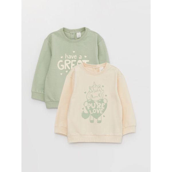 Crew Neck Long Sleeve Printed Baby Girl Sweatshirt 2 Pieces