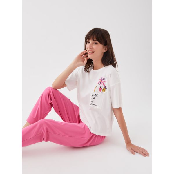 Crew Neck Printed Short Sleeve Women's Pajama Set