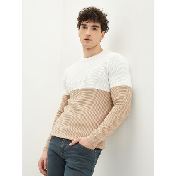 Crew Neck Long Sleeve Men's Tricot Sweater with Color Block