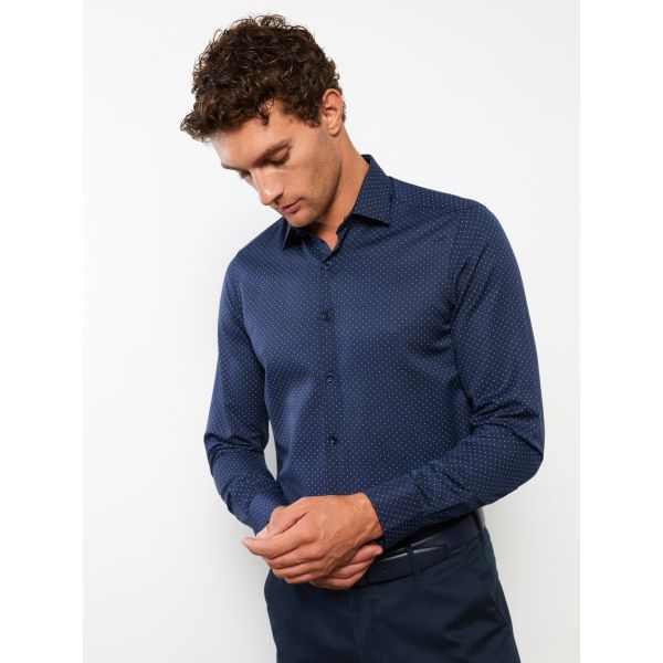 Slim Fit Long Sleeve Patterned Gabardine Men's Shirt