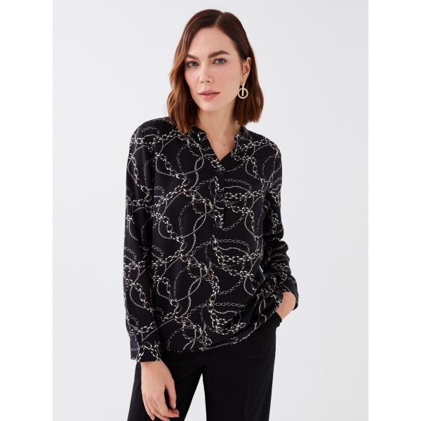 Henley Neckline Patterned Long Sleeve Women's Blouse