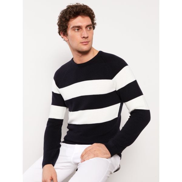 Crew Neck Long Sleeve Men's Tricot Sweater with Color Block