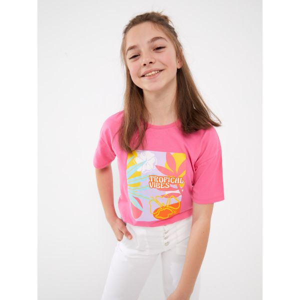 Crew Neck Short Sleeve Printed Girl's T-Shirt