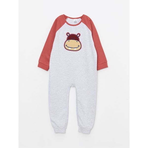 Crew Neck Long Sleeve Embroidery Detailed Baby Boy Jumpsuit