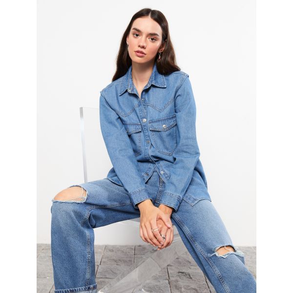 Front Button Closure Straight Long Sleeve Women's Jean Shirt