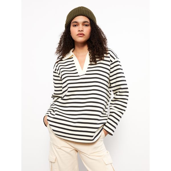 Polo Neck Striped Long Sleeve Women's Sweatshirt