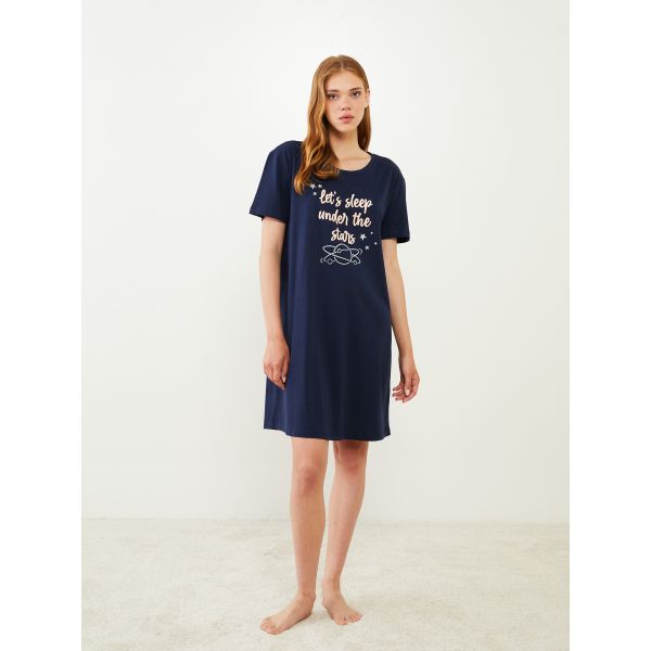 Crew Neck Printed Short Sleeve Cotton Women's Nightgown