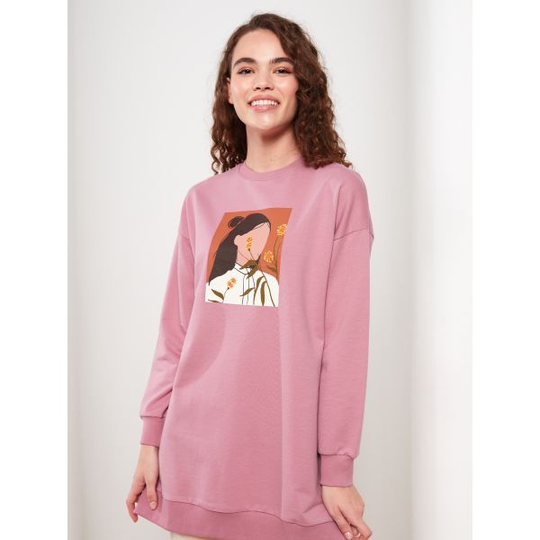 Crew Neck Printed Long Sleeve Oversize Women's Tunic