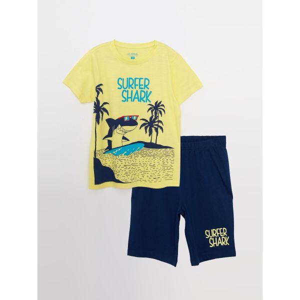 Crew Neck Printed Short Sleeve Boy's Short Pajamas Set