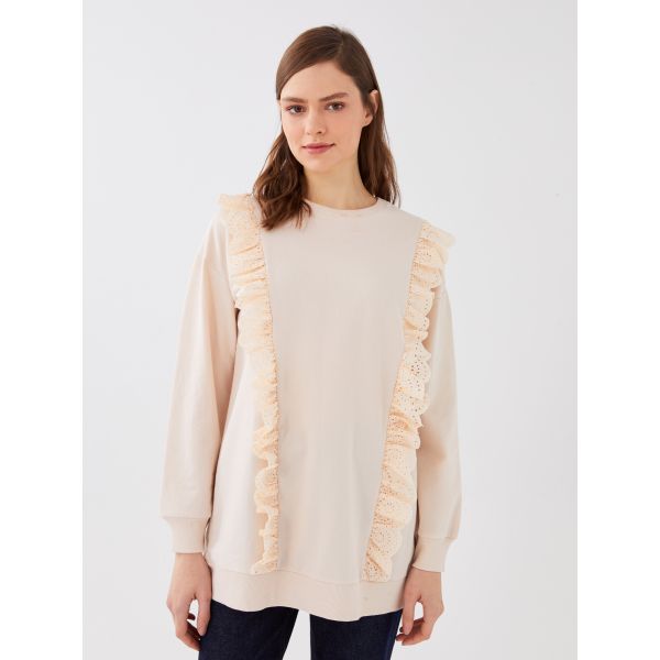 Crew Neck Ruffle Detailed Long Sleeve Oversize Women's Tunic