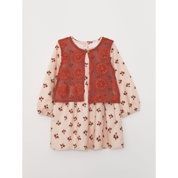 Crew Neck Patterned Baby Girl Dress and Vest 2-Pack Set