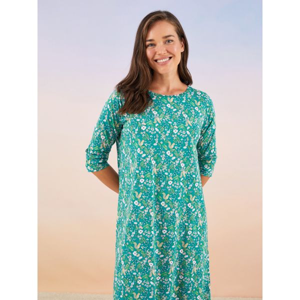 Crew Neck Patterned Long Sleeve Cotton Women's Nightgown