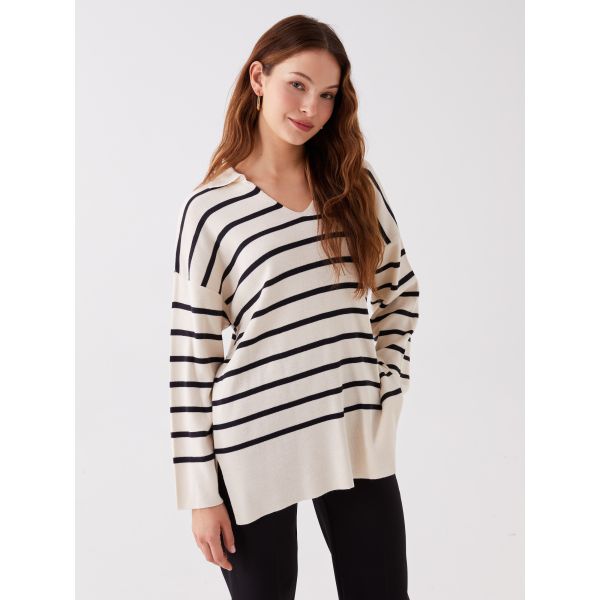 Polo Neck Striped Long-Sleeve Oversized Women's Knitwear Sweater