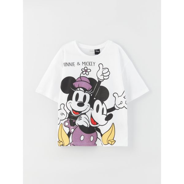 Crew Neck Minnie and Mickey Mouse Printed Short Sleeve Girls T-Shirt