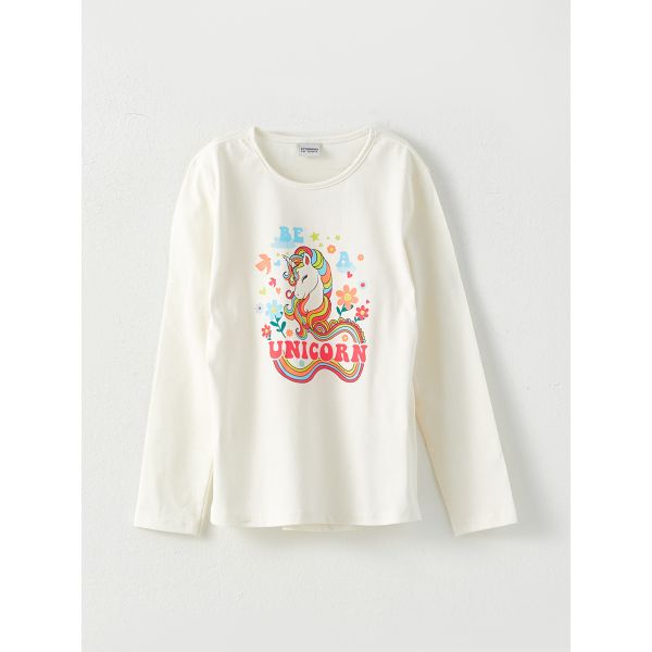 Crew Neck Printed Long Sleeve Cotton Girl T-shirt