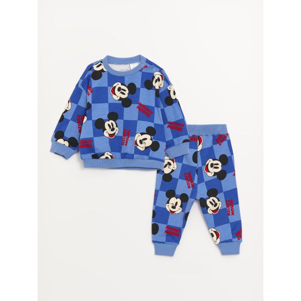 Crew Neck Mickey Mouse Printed Baby Boy Pants and Sweatshirt Set 2 Pack