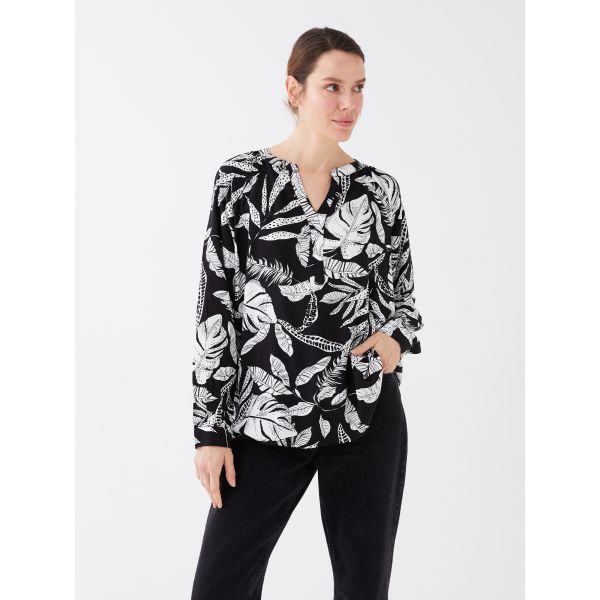 Henley Neckline Patterned Long Sleeve Women's Blouse