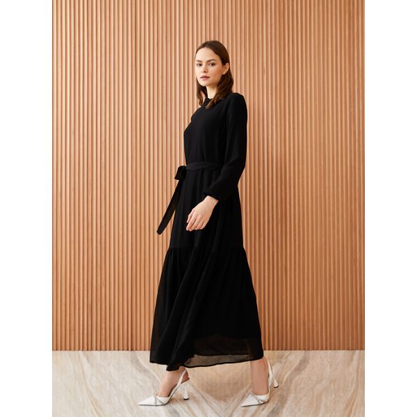 Ruffled Standing Collar Straight Long Sleeve Women's Dress