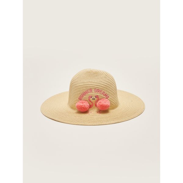 Girl's Straw Fedora Hat with Letter Embroidery Pompom