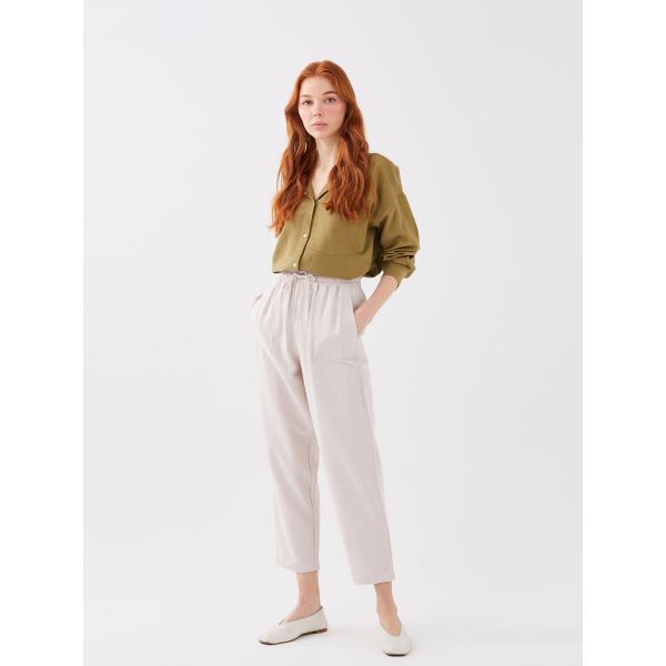 Elastic Waist Straight Linen Blend Women's Trousers