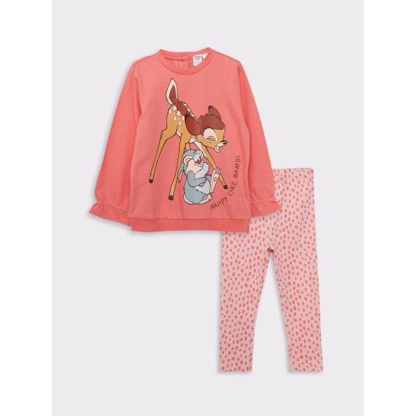 Crew Neck Long Sleeved Bambi Printed Sweatshirt and Tights 2-pack