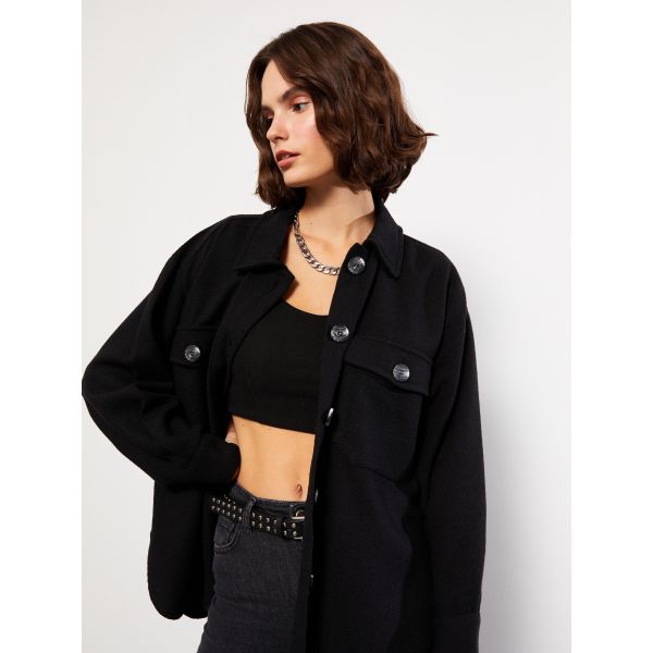 Buttoned Regular Long Sleeve Gabardine Women's Shirt Jacket