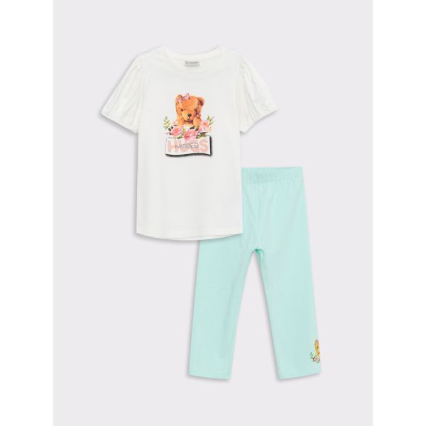 Crew Neck Printed Short Sleeve Girls T-Shirt and Tights