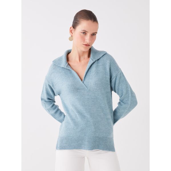 Polo Neck Plain Long-Sleeve Oversized Women's Knitwearwear Sweater