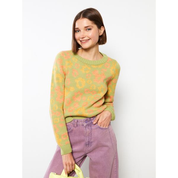 Crew Neck Patterned Long Sleeve Women's Tricot Sweater