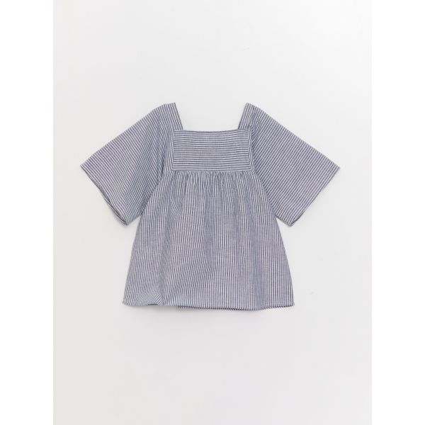 Square Neckline Striped Short Sleeve Girls' Blouse