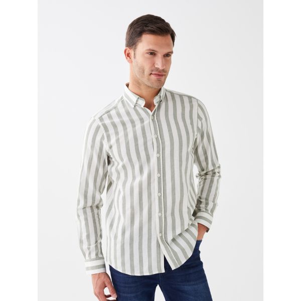 Regular Fit Long Sleeve Striped Linen Blended Men's Shirt