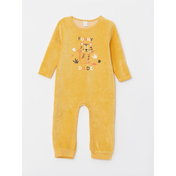 Crew Neck Long Sleeve Embroidery Detailed Velvet Baby Boy Jumpsuit