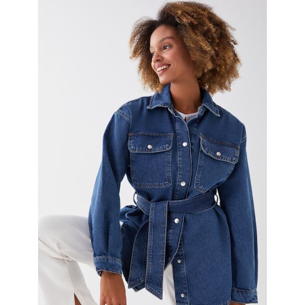 Shirt Collar Straight Long Sleeve Oversize Women's Jean Jacket