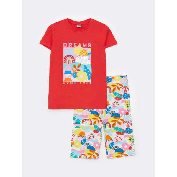 Crew Neck Printed Short Sleeve Girls T-Shirt and Tights