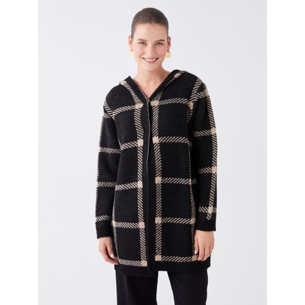 Hooded Plaid Long Sleeve Women's Tricot Cardigan