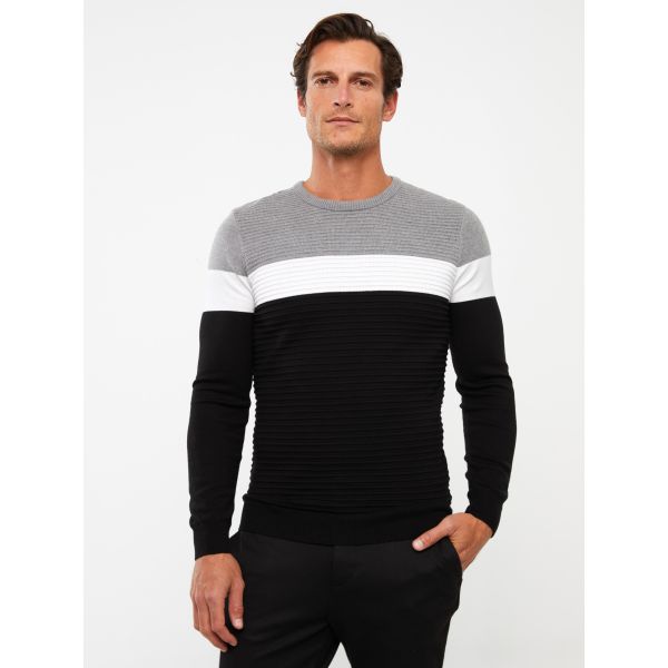 Crew Neck Long Sleeve Men's Tricot Sweater with Color Block