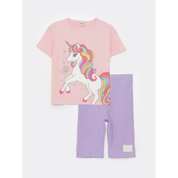 Crew Neck Printed Short Sleeve Girls T-Shirt and Tights