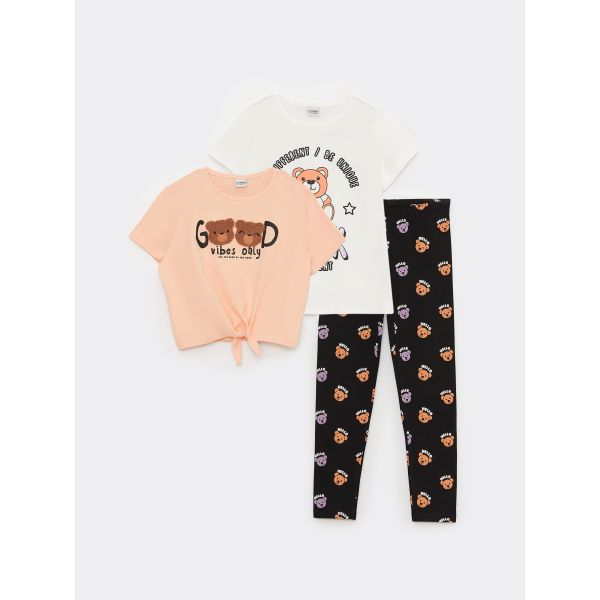 Crew Neck Printed Girl's T-Shirt and Leggings 3-Pack Set