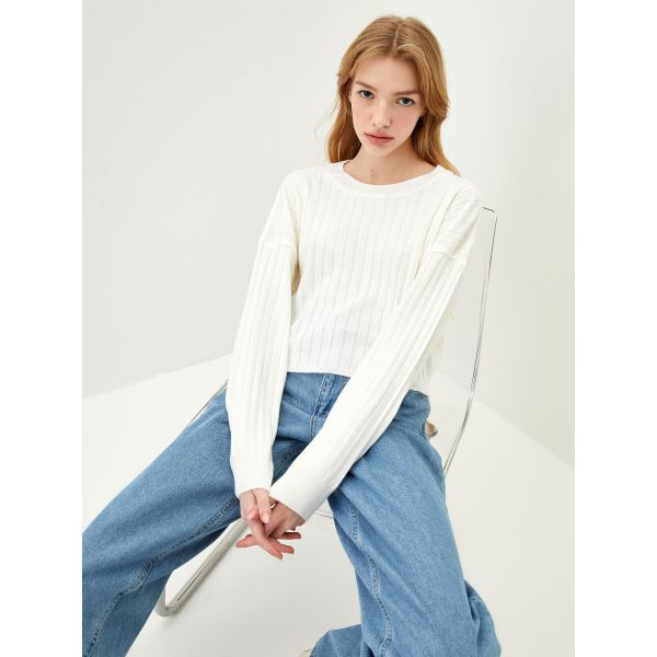 Crew Neck Striped Long Sleeve Women's Tricot Sweater