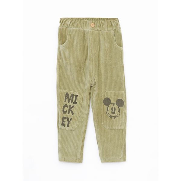 Elastic Waist Mickey Mouse Embroidery Detailed Baby Boy Velvet Trousers