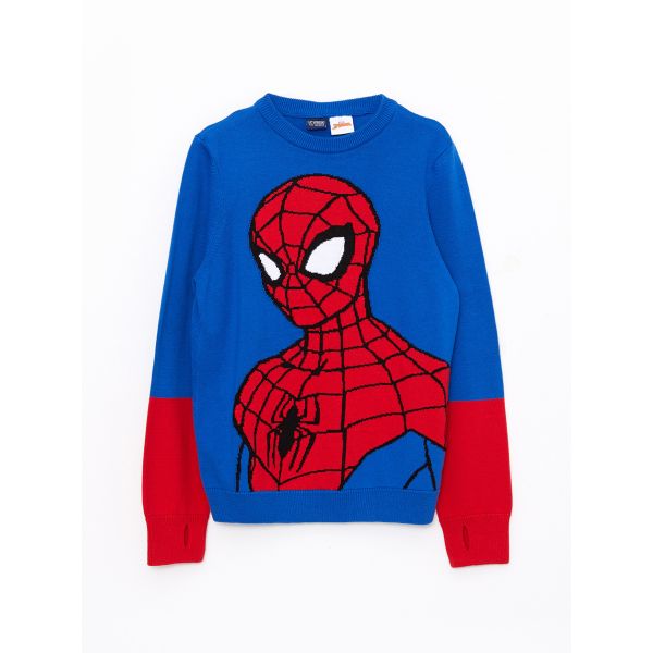 Crew Neck Spiderman Patterned Long Sleeve Boy Tricot Sweater