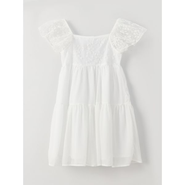 Square Collar Embroidered Short Sleeve Girls' Dress